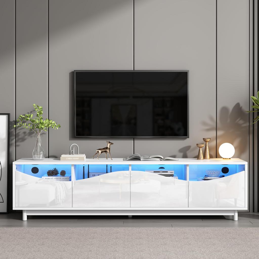 TV Schrank TV Lowboard Hochglanz Weiß 70 Zoll Fernseher, TV Ständer 4 Türen, Schranktür aus gehärtetem Glas, TV Möbel Wohnzimmer Schlafzimmer