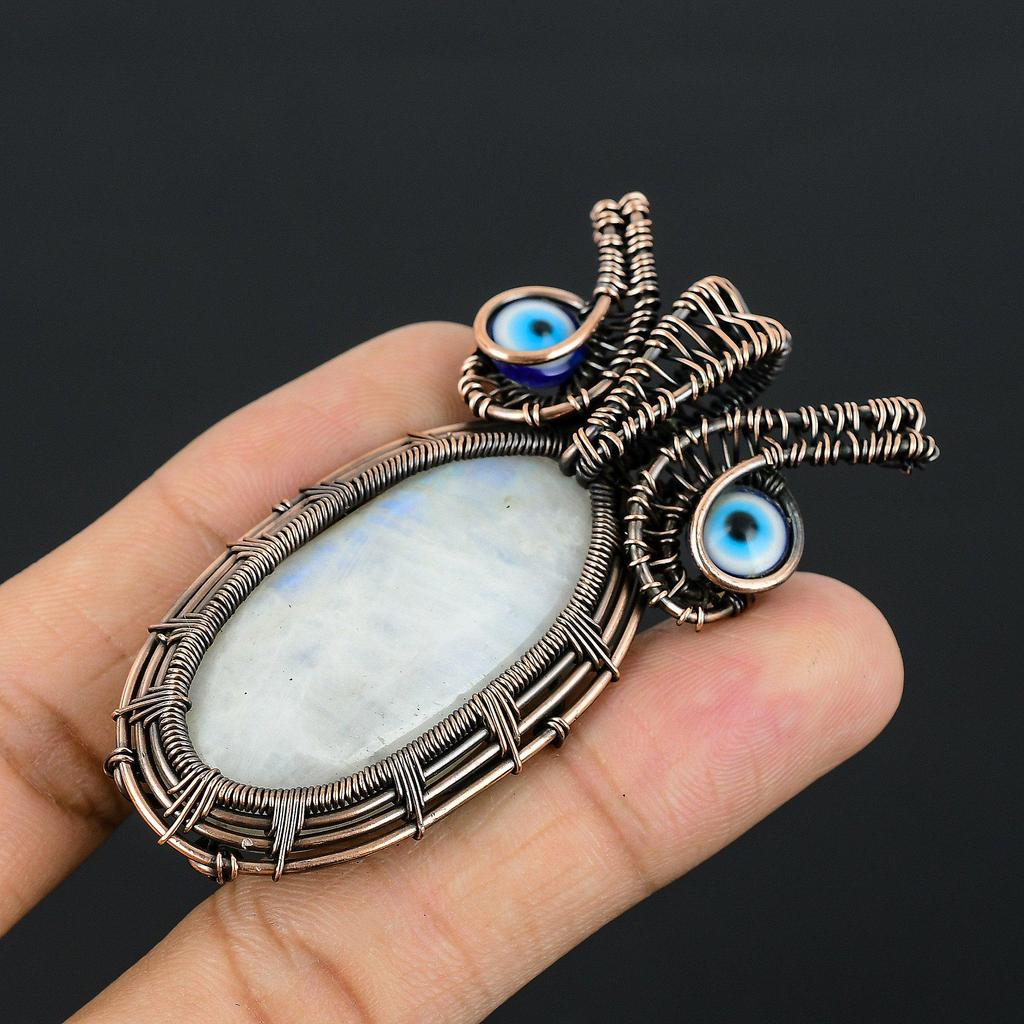 Rainbow Moonstone & Blue Evil Eye Pendant Gemstone Jewelry, 999 Copper Wire Wrapped Pendant, Handmade Beautiful Jewelry Pendant