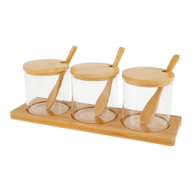 

3 крышки для банок с приправами, стеклянная коробка-контейнер, с бамбуковой крышкой и основанием для ложки, используется для хранения соли, сахара, перца, специй