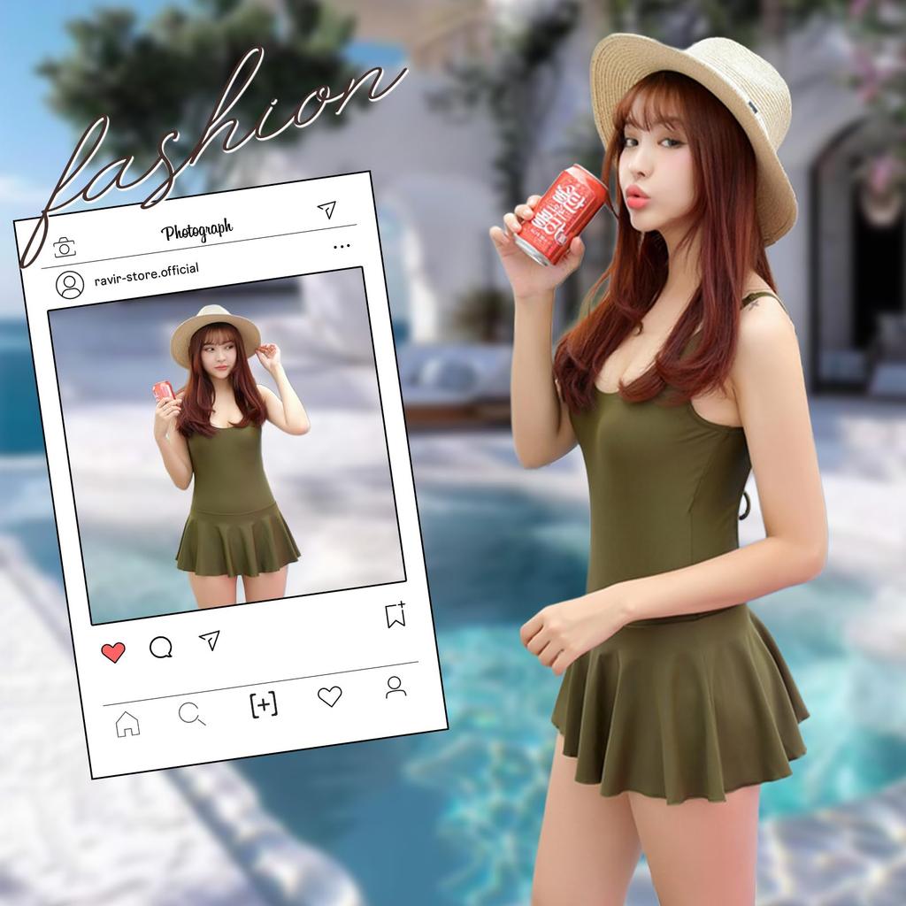Swimsuit with Ribbon and Ruffle Size S [RAVIR] Women's One-Piece Skirt, Khaki,
