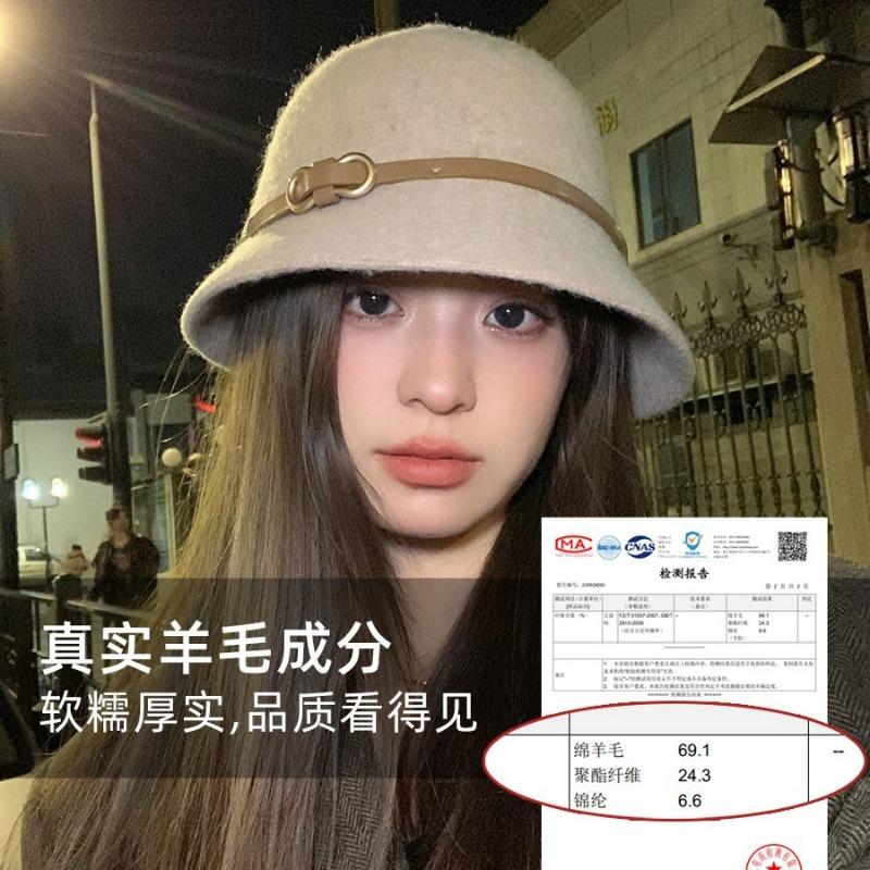 Belt buckle wool foreign daughter hat top hat women's autumn and winter bucket hat Hepburn rich daughter high sense