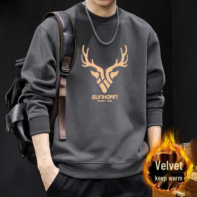 Men's Trendy Round Neck Hoodie - Plus Velvet, Autumn/Winter Style, American Brand, Perfect for Couples and Trendsetters.