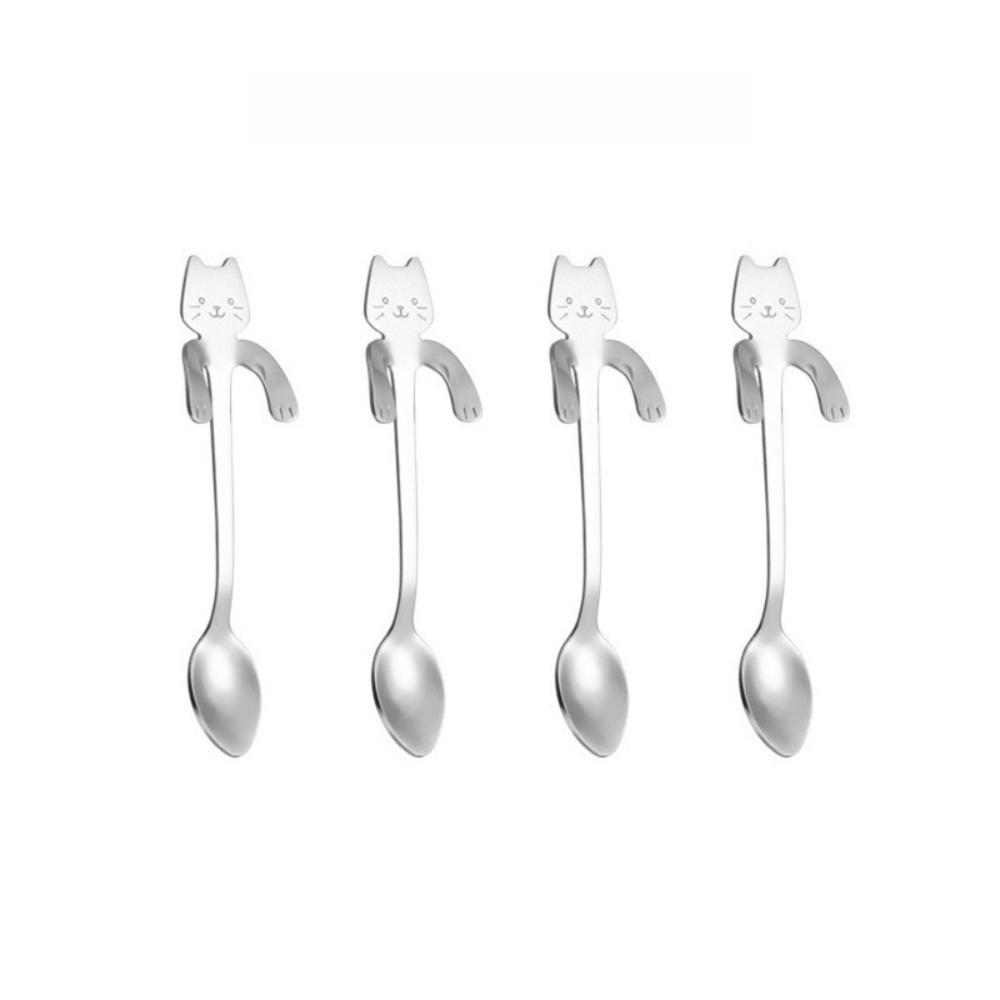 1/4pcs Stainless Steel Mini Cat Coffee Spoon Cute Cat Tableware Stainless Steel Teaspoon Kitchen Tool Cute Design Children Spoon