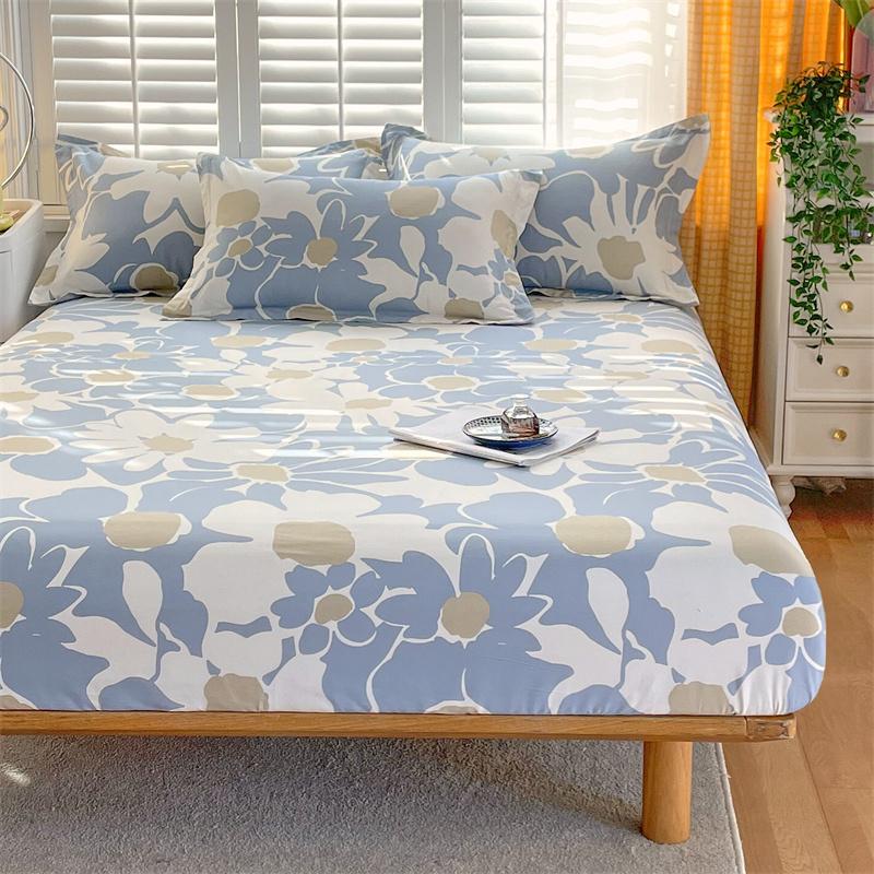 Blue White Floral Pattern Fitted Sheet Set Abstract Flowers Cotton Bedding Set Skin-friendly Non-slip Bedspread with Pillowcases