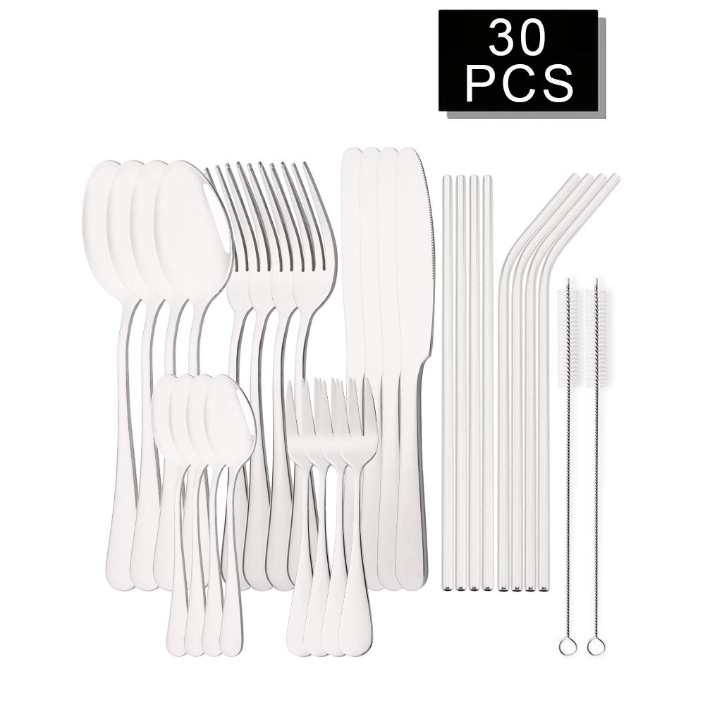 

30Pcs/Set Silver Cutlery Set Stainless Steel Tableware Knife Cake Fork Spoon Straw Dinnerware Set Kitchen Flatware Silverware серебряный