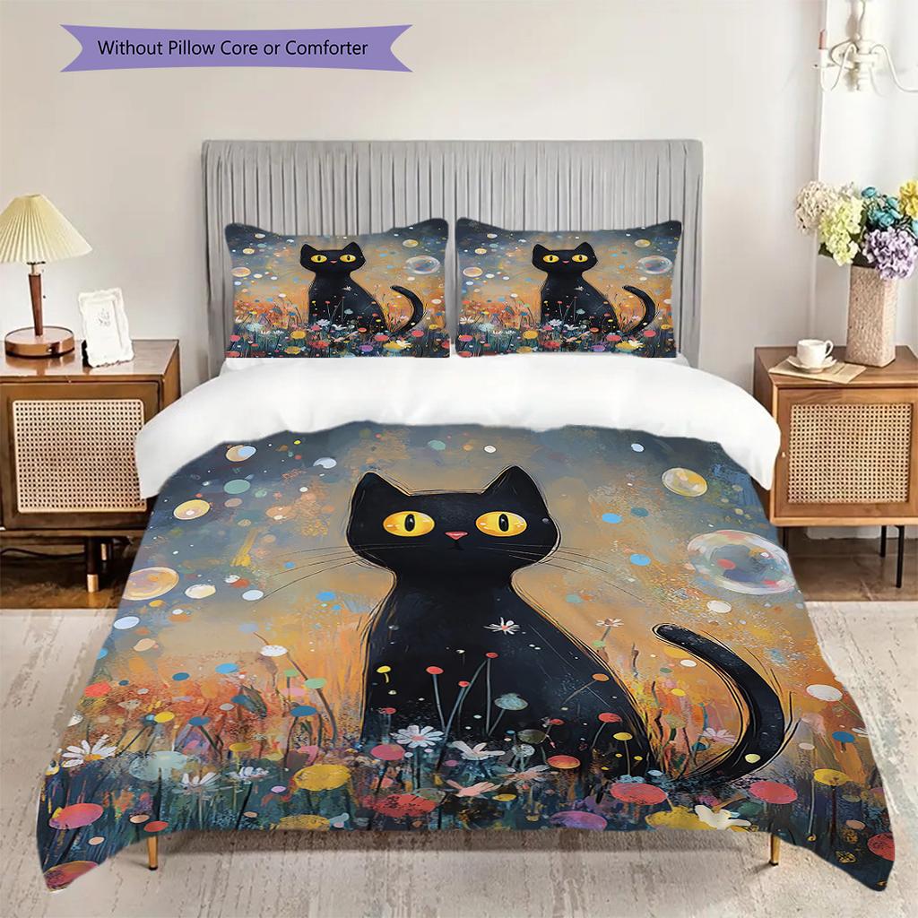 Black Cat Pattern Bedding Quilt Set Quilt Cover Pillowcase Home Decoration Birthday Gift (1 * Duvet Cover + 2 * Pillowcase, Without Core)
