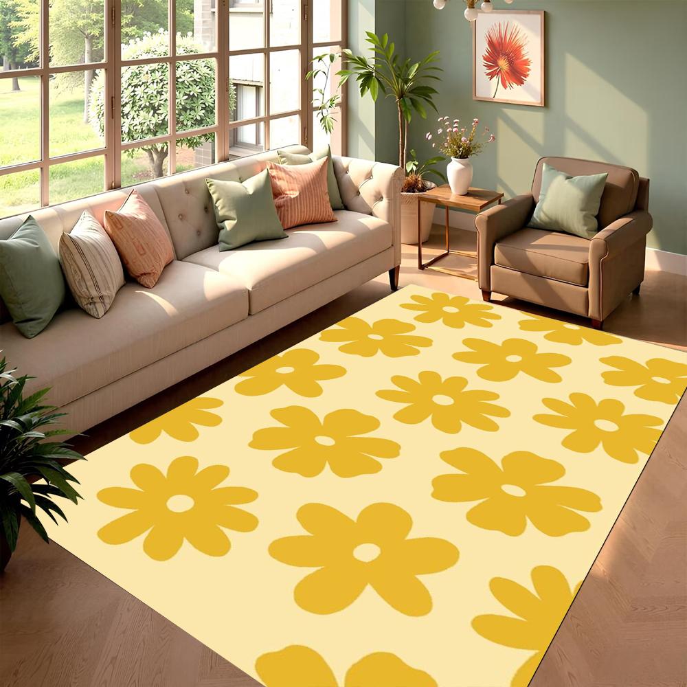 Fresh Cute Pattern Rug Heart Daisy Colorful Flower Soft Tone Non-Slip Durable Large Carpet for Living Room Bedroom
