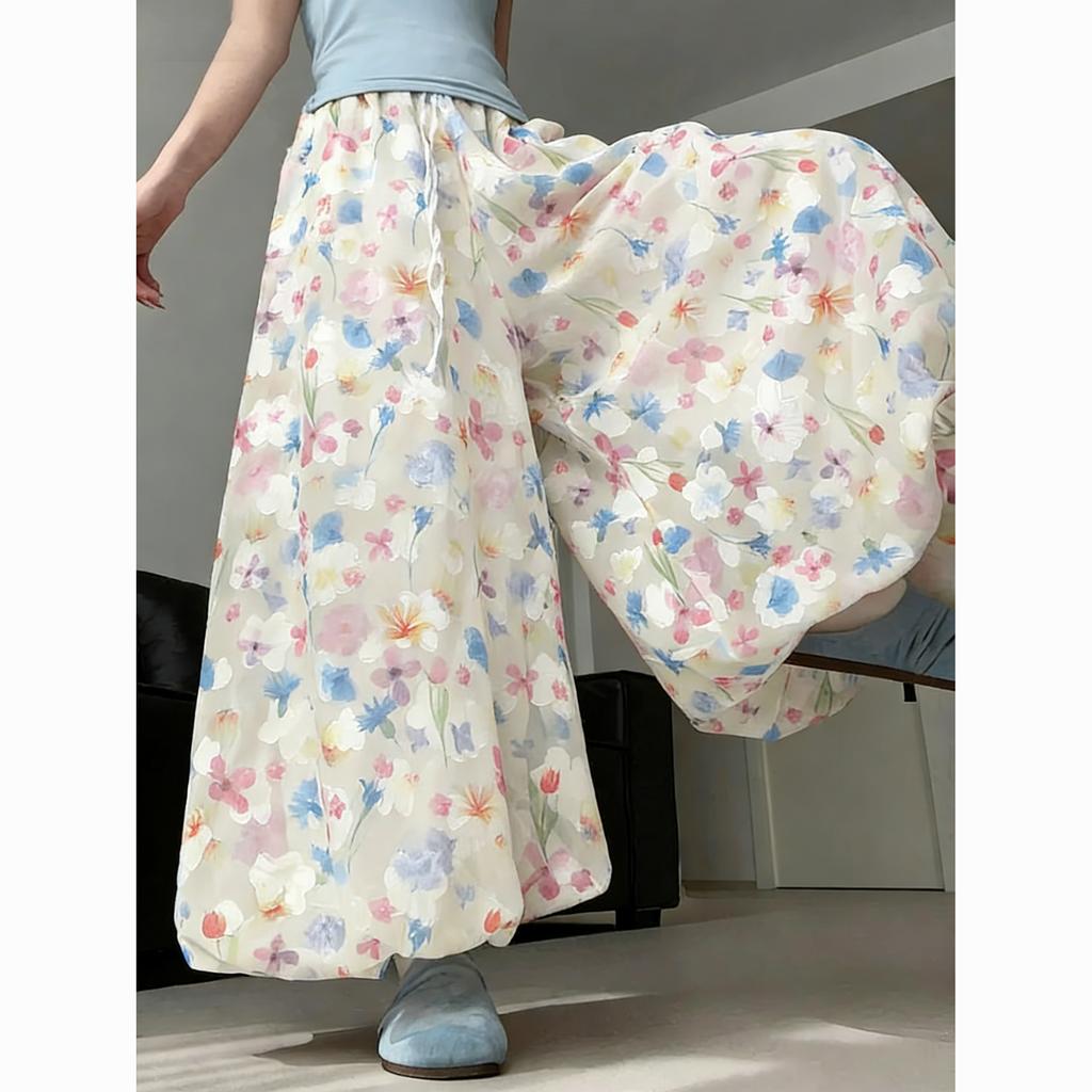 Summer French Style Floral Palazzo Pants Women High Waist Loose Boho Print Wide Leg Trousers with Drapery Comfortable & Elegant