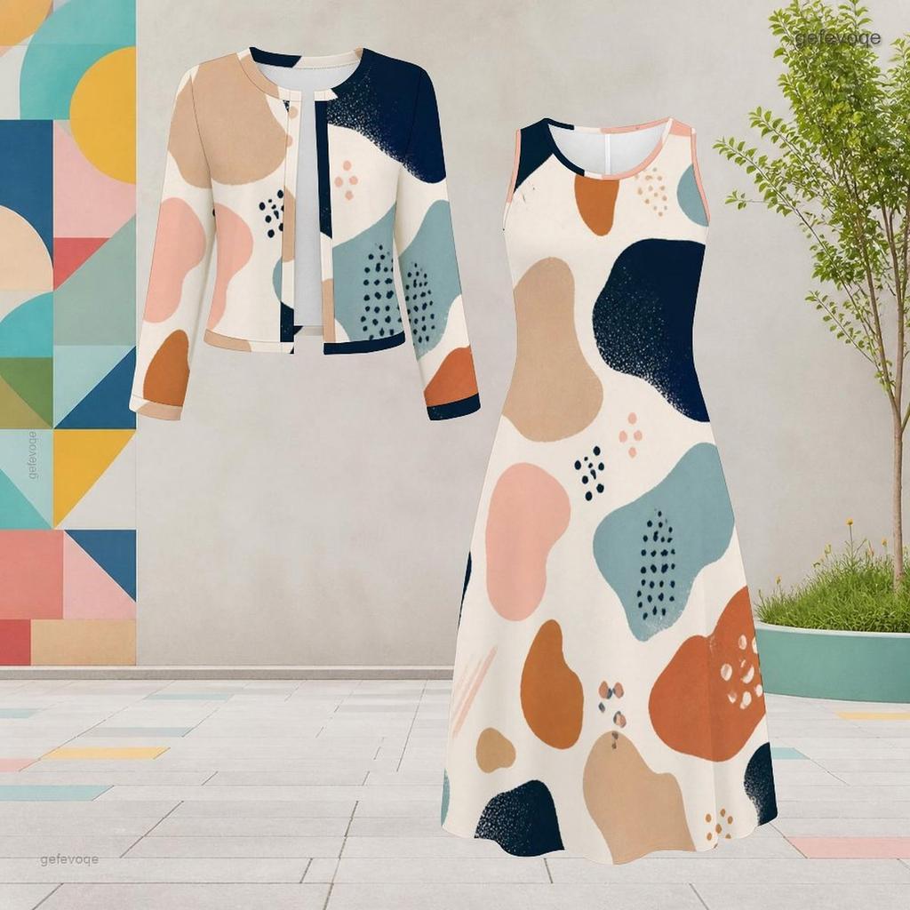 Women Plus Size Two Piece Dress Set Round Neck Long Sleeve Abstract Printed Cardigan Sleeveless Midi Dress