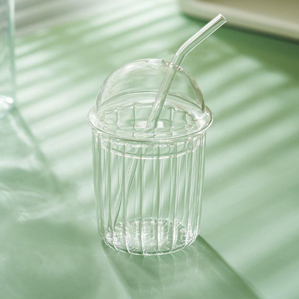 Clear Milk Tea Cup Stripe Pattern Drinking Cup Ins Glass Straw Cup  Gift