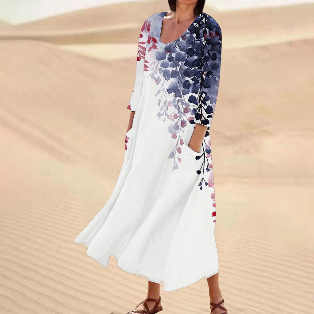 Rochie casual de damă cu imprimeu floral, mânecă trei sferturi, buzunare confortabile