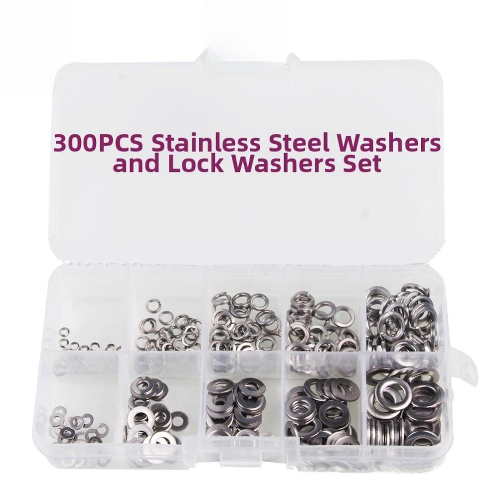 300pcs Stainless Steel Flat Spring Washer Assortment Kit M2-M6 Spring Washer Flat Washer Combination Box Round Washers