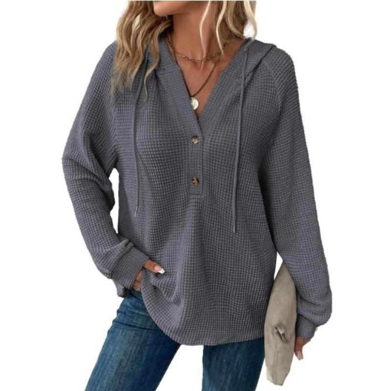 Waffelgestrickte Kapuzenpullover und Sweatshirts für Damen mit Kordelzug, Knopfleiste und V-Ausschnitt, lange Ärmel