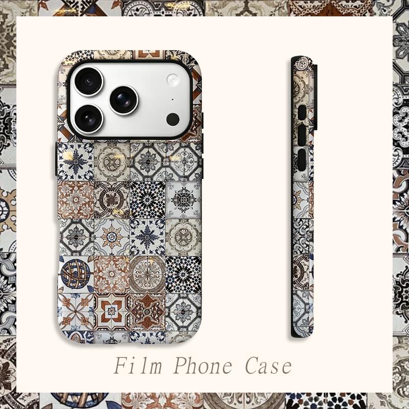 Vintage Moroccan Geometric Patchwork Tile Art Graphic Film Aesthetic Protective Shockproof Bumper Phone Case Cover For iPhone 14 15 16 Pro Max Plus