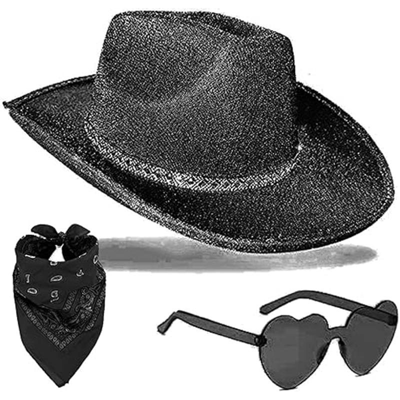 Pink Glitter Rhinestone Denim Hat, Glasses & Bandana Set