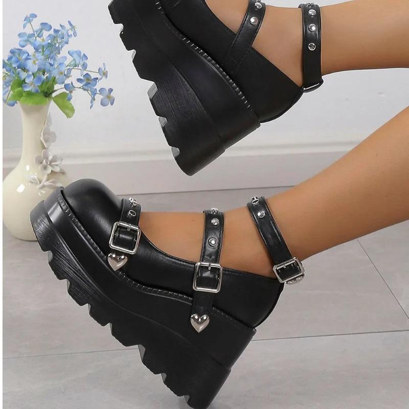 Womens Platform Shoes Punk Style Gothic Shoes Wedge Heeled Single Oes Fashion Leather Casual Footwear Thick Sole Mary Jane Shoes