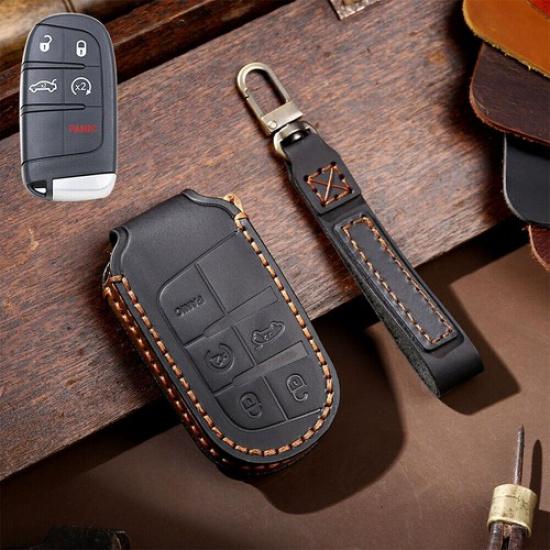 Leather Smart Remote Key Case Fob Cover For Jeep Cherokee Compass Grand Cherokee Black-5 Button
