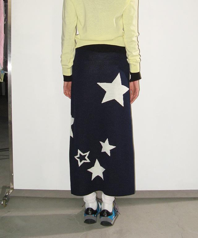 Ronron Star Pattern Banding Knit Long Skirt Navy