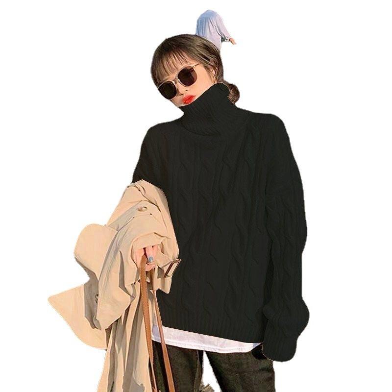 Autumn and winter turtleneck twist sweater women's inner lining solid color casual lazy loose outer top knitted sweater