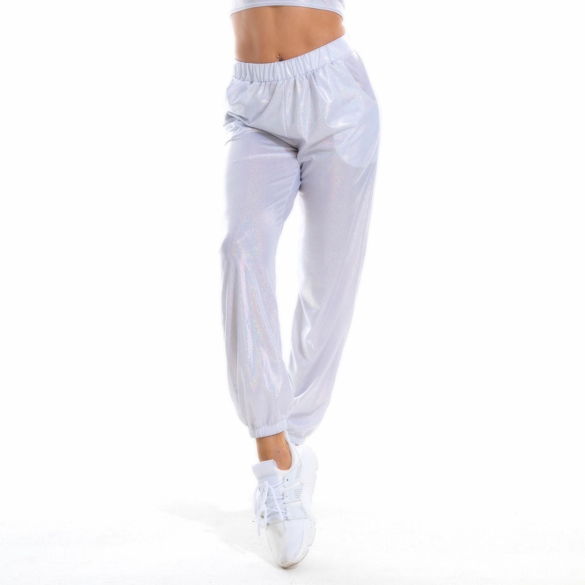 

Женские блестящие металлические брюки-джоггеры, блестящие спортивные штаны, голографические брюки для хип-хоп-клуба S белый