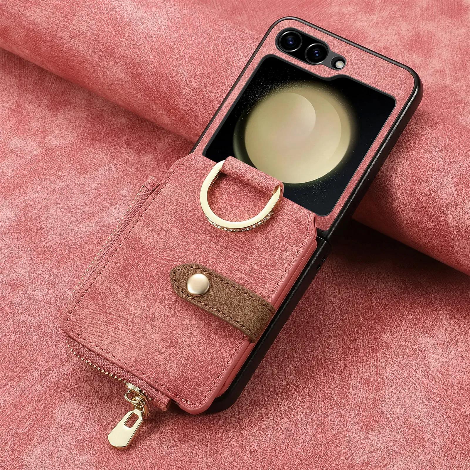 

Zipper Cards Solt Purse Ring Holder Vintage Leather Wallet Case for Samsung Galaxy Z Flip 7 FE 6 5 4 5G Flip5 Bag Stand Cover for Z Flip 7FE рожевий