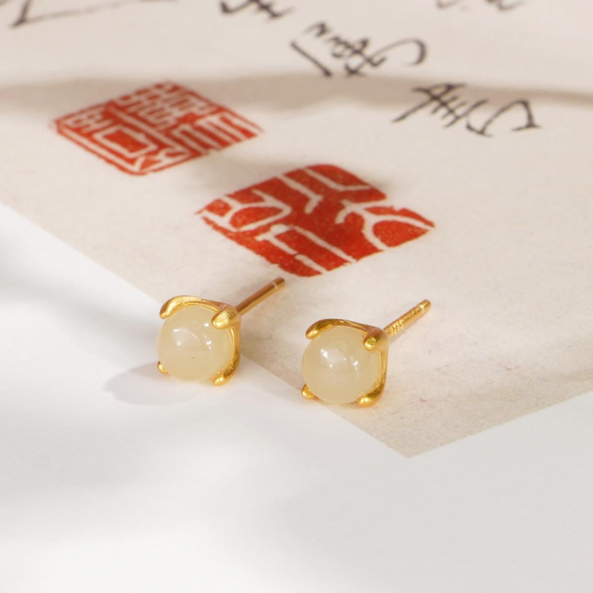 Tichiya Hetian Jade & Red Agate Earrings - S925 Silver, Chinese Style, Simple Design for Women. 925 Sterling Silver