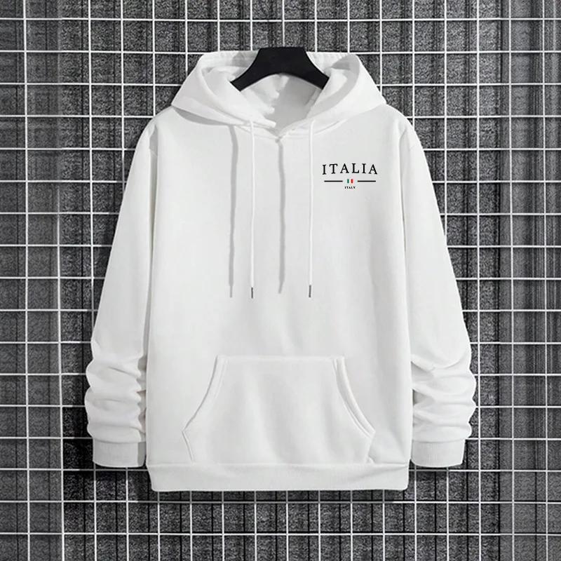 Mens Fall Winter Hooded Sweatshirt Warm Pullover Casual Solid Color Gym Fitness Sportswear Italy Fashion Daily Hooded Top Wear