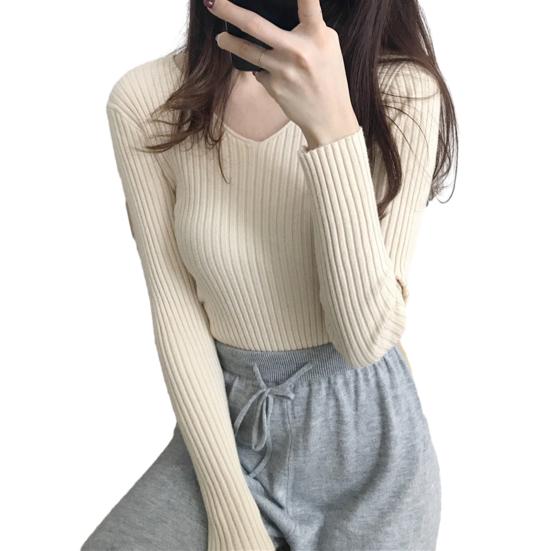 

Женские топы с V-образным вырезом, длинным рукавом, облегающий свитер, однотонный ребристый низ, эластичный трикотаж абрикосовый