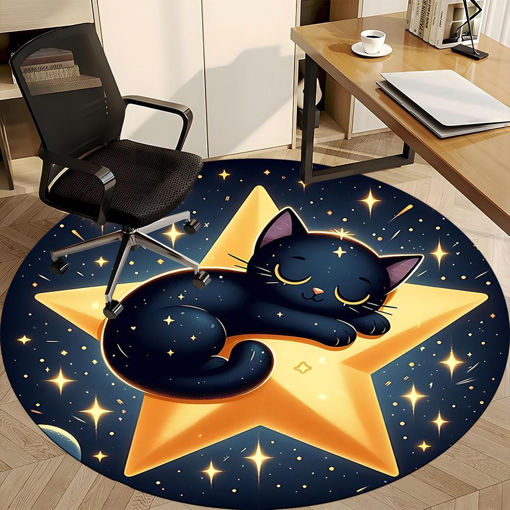 1pc Starry Night Cat Office Round Area Rug, Under Office Chairs Bedroom Living Room Home Decor, Room Deco