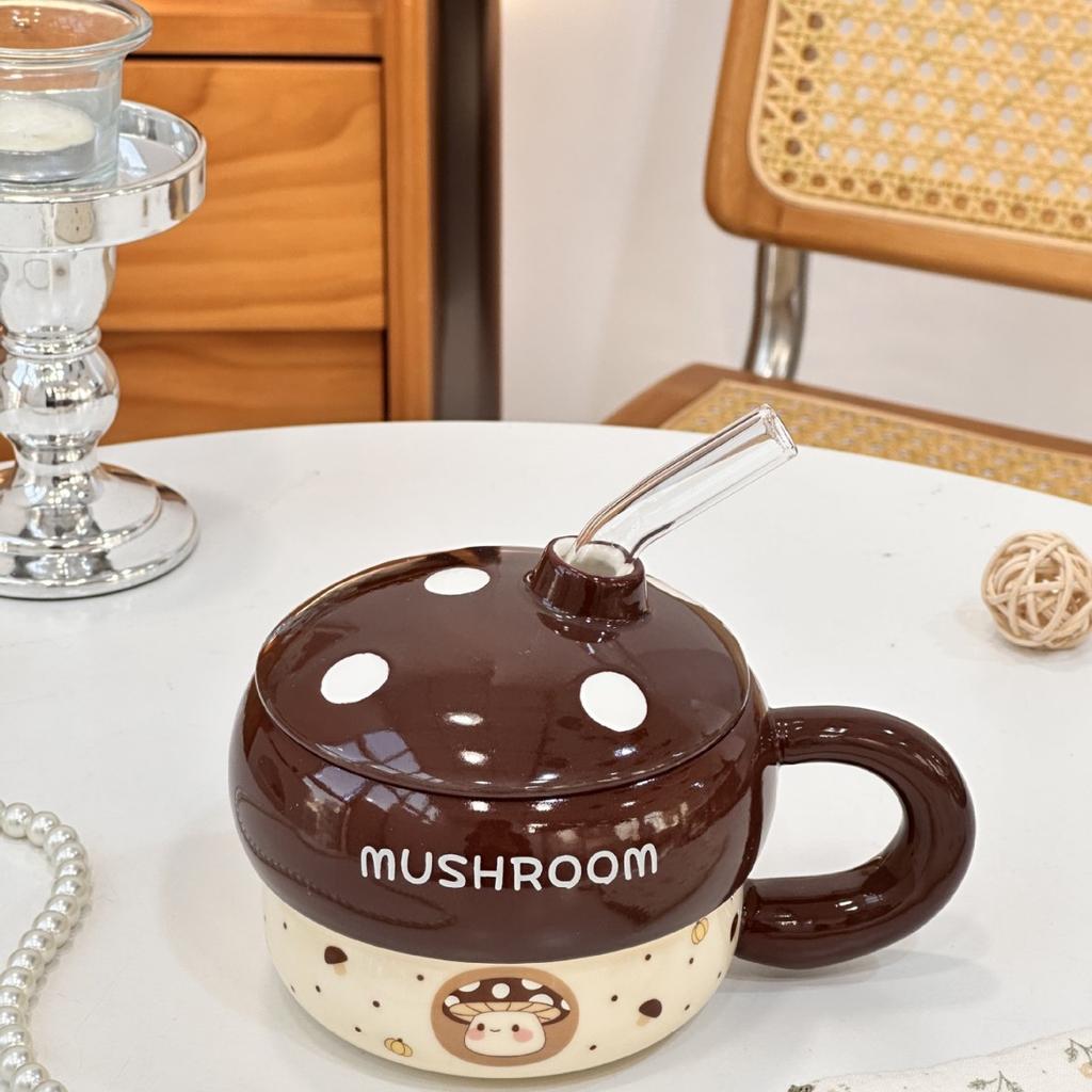Cute Mushroom Ceramic Straw Cup, High-value Souvenir, Mug for Girlfriends, Couples, Water Cup with Lid