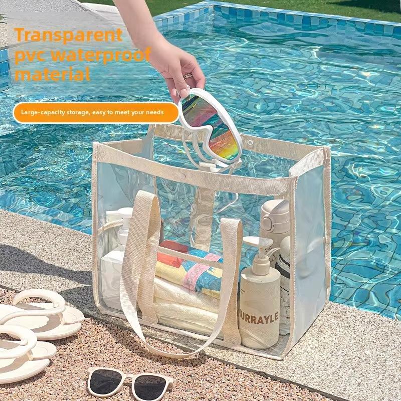 Large Capacity PVC Beach Bag Waterproof Storage Pouch with Button Closure for Toiletries Cosmetics Swimming Pool Travel Outdoor
