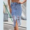 Women High Waist  Package Hip Split Hole-ridden Jean Denim Skirt