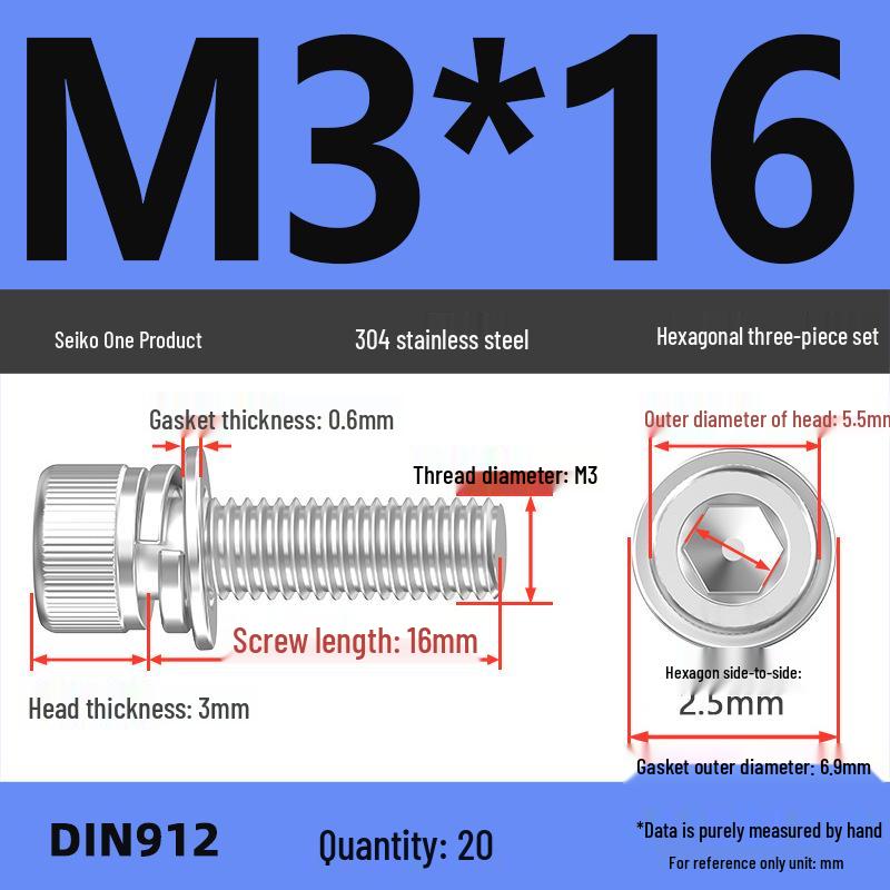 304 Stainless Steel Hex Socket Cap Screw with Washer - Sizes M3, M4, M5, M6, M8, M12