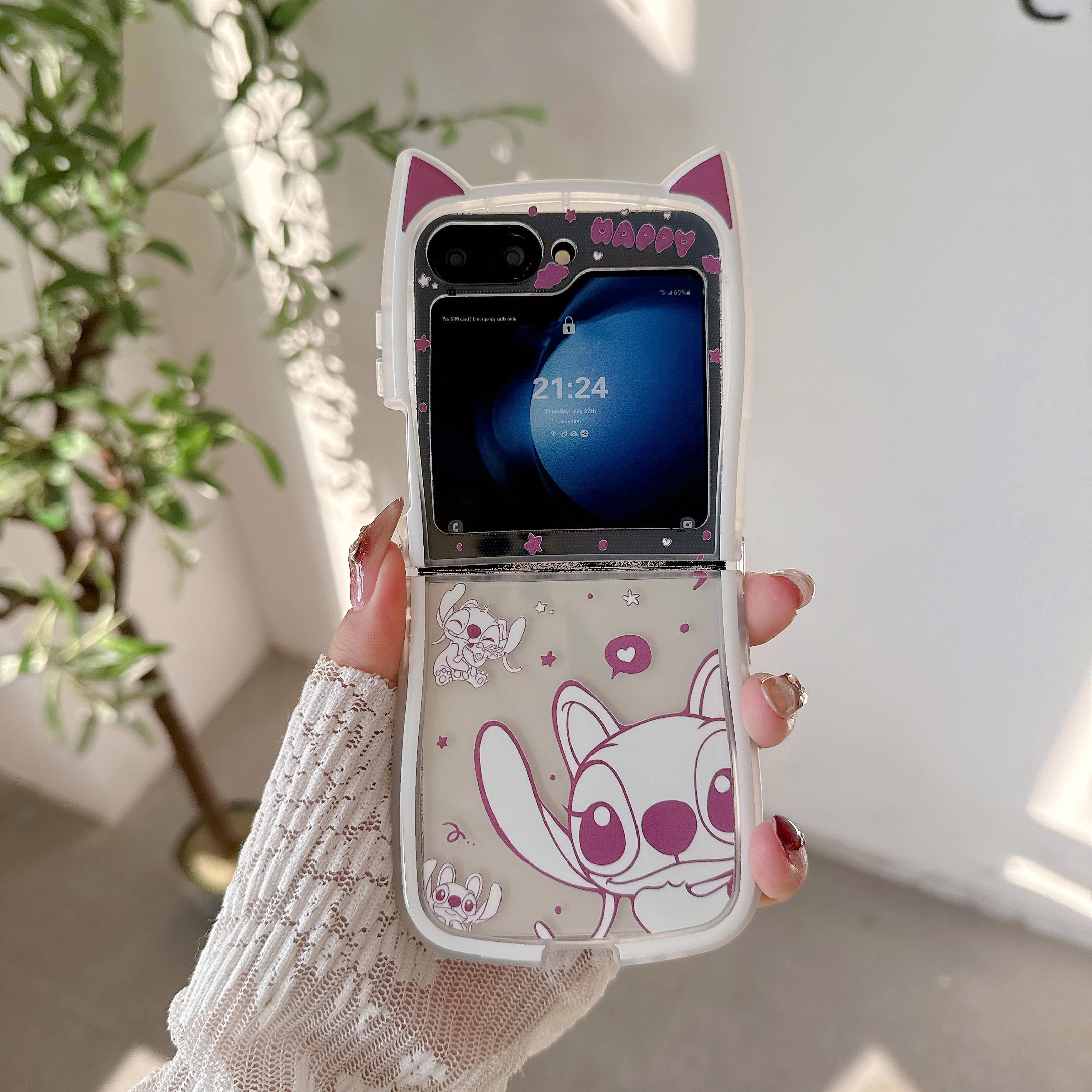 

Cute 3D Cat Ears Stitch Cartoon Phone Case for Samsung Galaxy Z Flip 3 4 5 6 7 7FE Kawaii Protective Cover with Beaded Lanyard Galaxy Zflip 5
