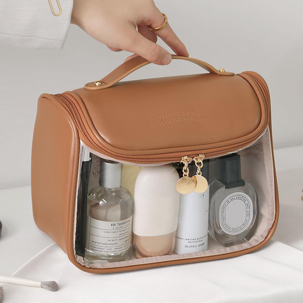 HK8297 Waterproof Clear Design Makeup Bag Large Capacity Cosmetic Bag PU Leather+PVC Travel Toiletry Organizer with Portable Handle Strap