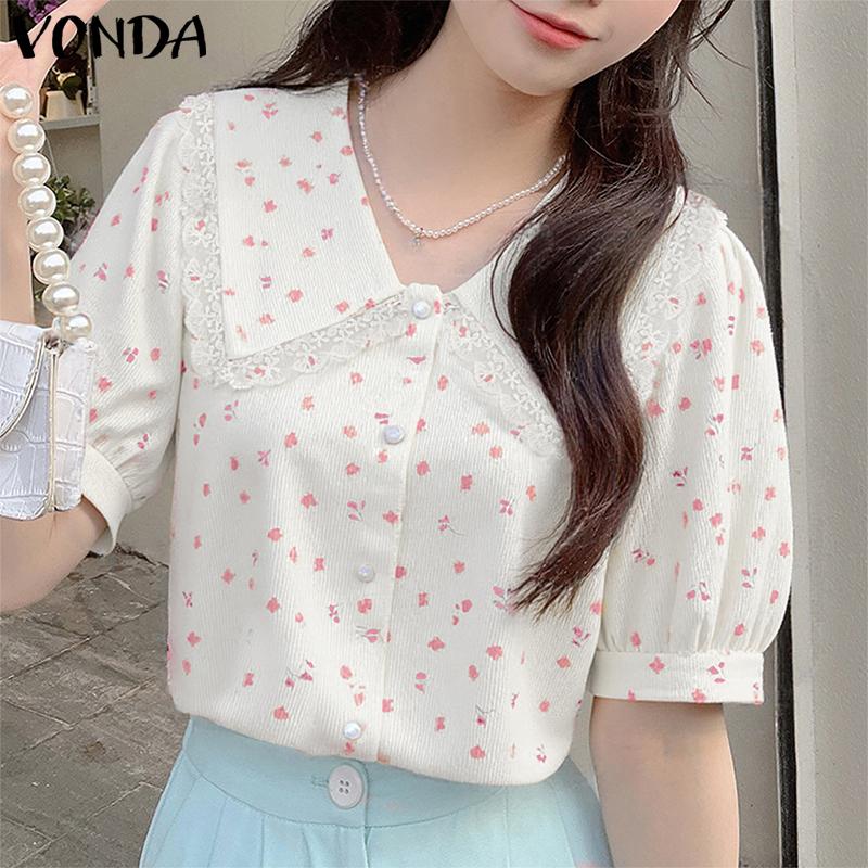 

VONDA Women Lace Patchwork Lapel Neck Buttons Up Floral Print Casual Elegant Blouse 5XL рожевий
