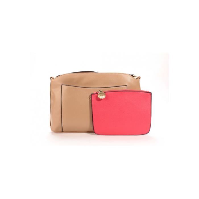 Sac Bandoulière - Le Temps des Cerises - Taupe/Mandarine - Pochette Amovible - Bandoulière Réglable - 100% PU