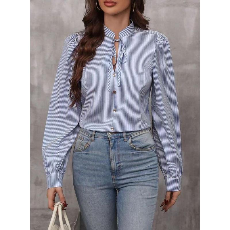 Fashion V-neck Lace-up Striped Women Long Sleeved Shirt Button-up Loose Elegant Casual Office Blouse Spring Autumn Simple Streetwear Women Clothing