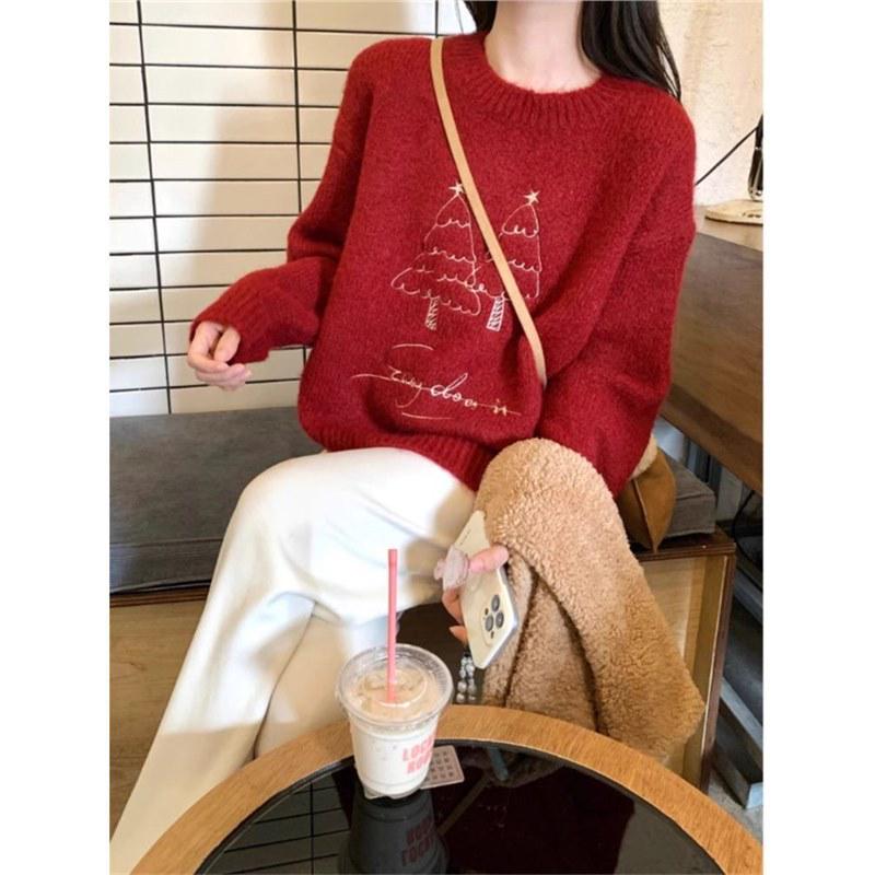 2025 Korean High-End Red Embroidered Christmas Sweater - Winter Petite Women's Knit Top