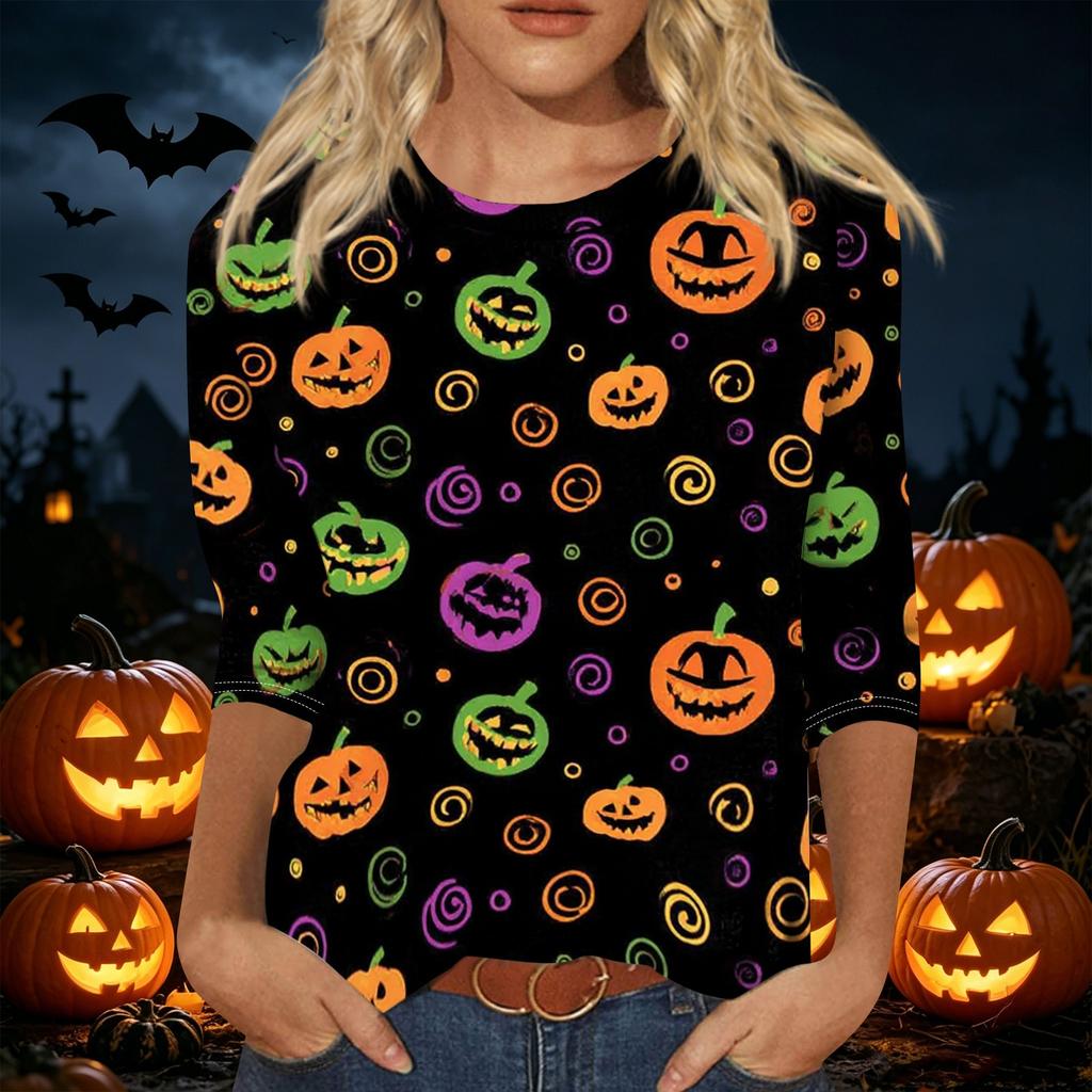 Women's Halloween Print 3/4 Sleeve Shirt Loose Fit Casual Round Neck Pullover Top Lightweight Comfortable Fabric Suitable for Daily Wear