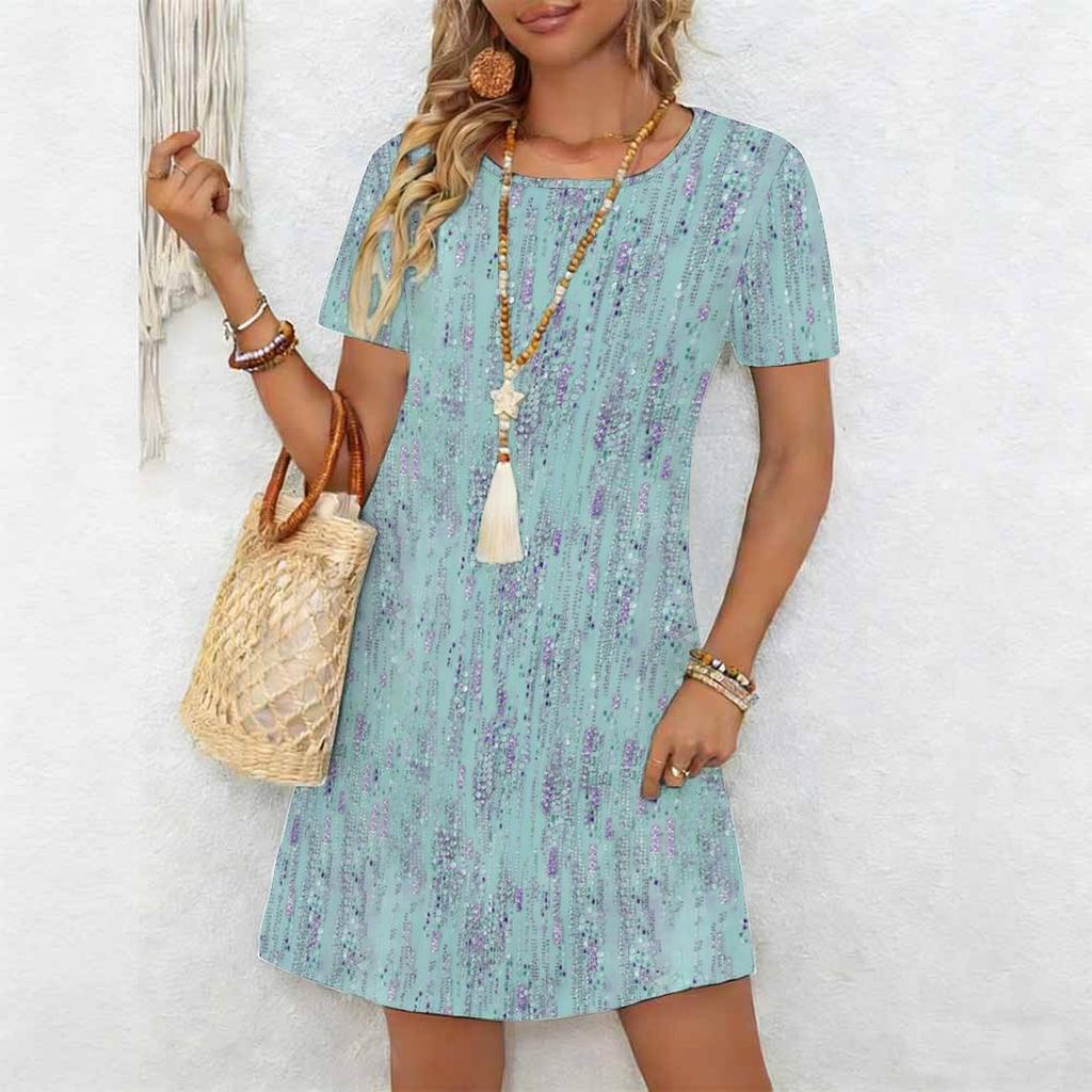 Women's Fashion Graceful Beautiful Flower Butterfly Print Summer Spring Short Sleeve O-Neck Casual Dresses