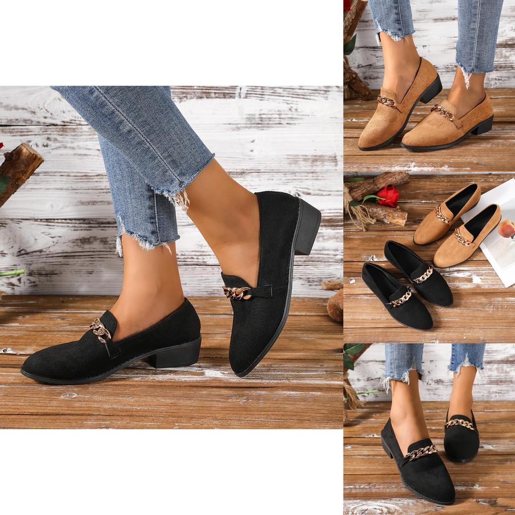 Comfortable Chunky Heel Slip-on Shoes For Women With Stylish Metal Chain Design