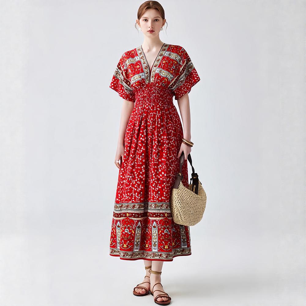 Bohemian-Style Cotton-Silk V-Neck Batwing Print Dress Summer Casual Vacation Beach Dress