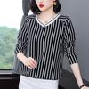 Autumn Winter New Slim Long Sleeve Top V-Neck Striped T-shirt Women's Loose Versatile Bottoming Shirt M-5XL