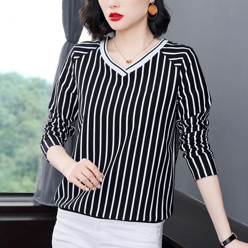 Autumn Winter New Slim Long Sleeve Top V-Neck Striped T-shirt Women's Loose Versatile Bottoming Shirt M-5XL