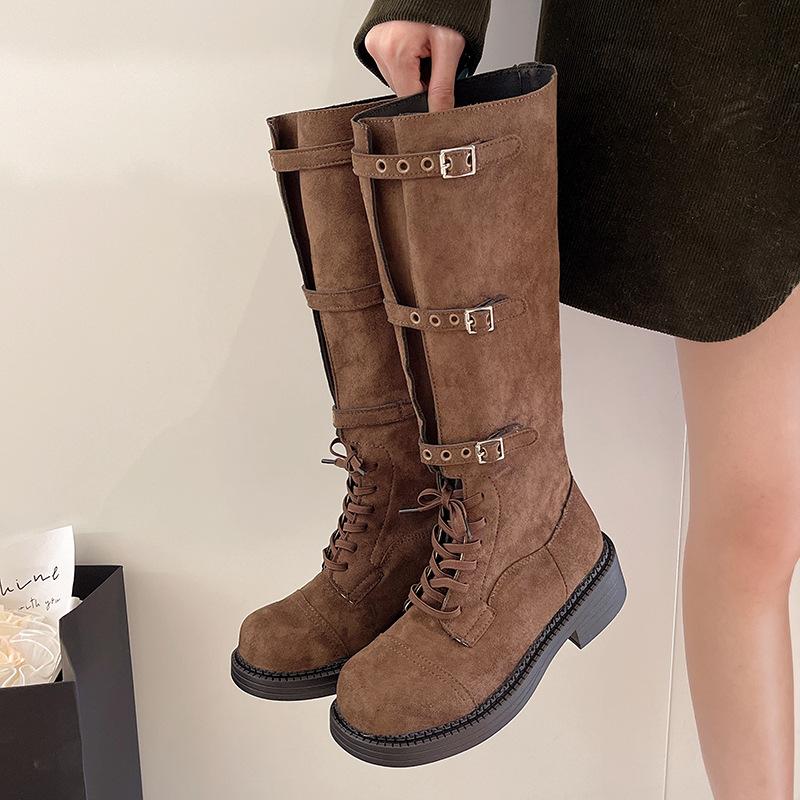 Boots Women 2025 Autumn New British Style Lace-up Belt Buckle Knight Boots Square Heel Frosted Western Cowboy Boots