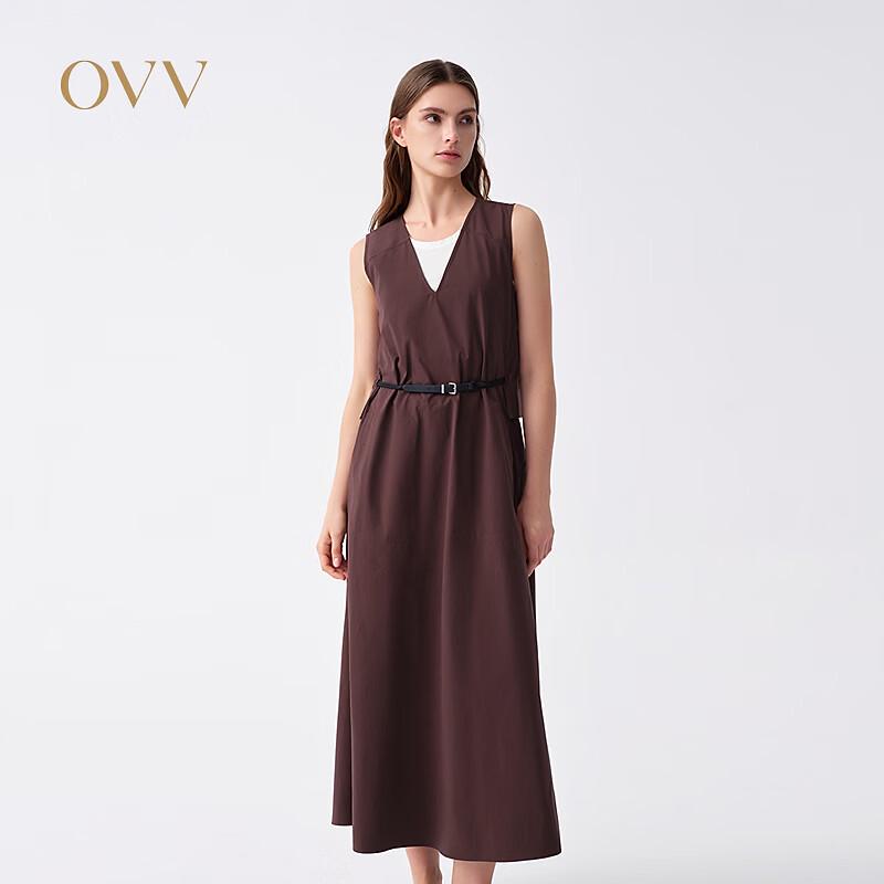 OVV Women s V-Neck Sleeveless A-Line Dress with Contrast PU Belt S вино красного