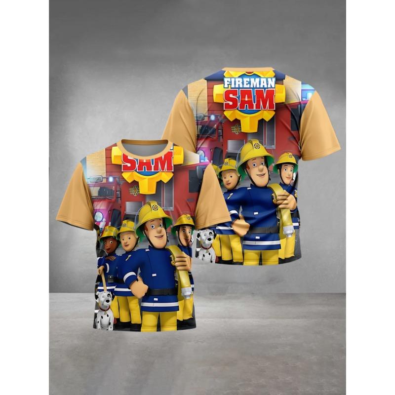 Summer Round Neck Cartoon Fireman Sam Pattern 3D Printed Top Fashionable Casual Short Sleeved Children's Boy T-shirts