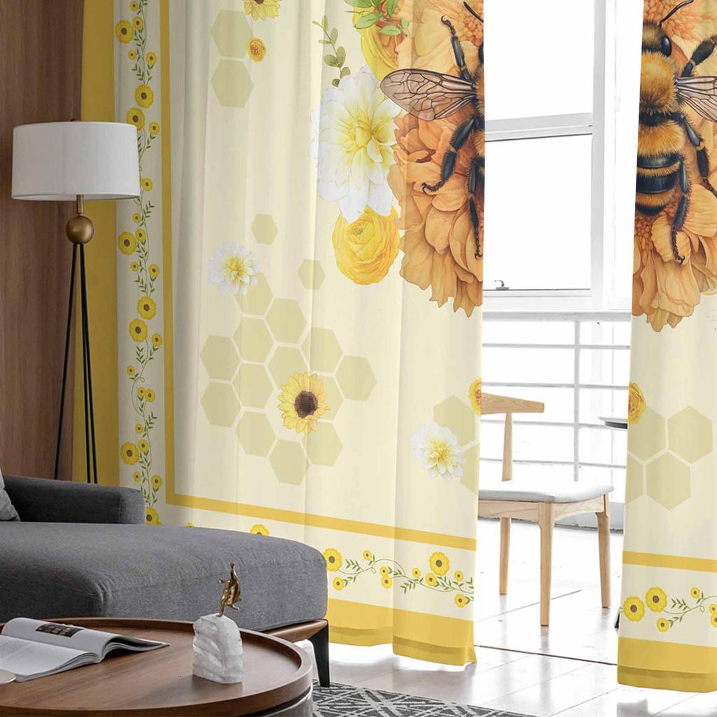 Flowers Bees Animals Honeycomb Yellow Window Tulle Curtains for Living Room Bedroom Hotel Luxury Decoration Sheer Curtains