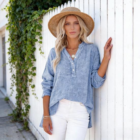 Women Shirt V-Neck Buttons Half Placket Long Sleeve Pullover Tops Solid Color Loose Fit Pleated Tops Casual Tee Daily Wear